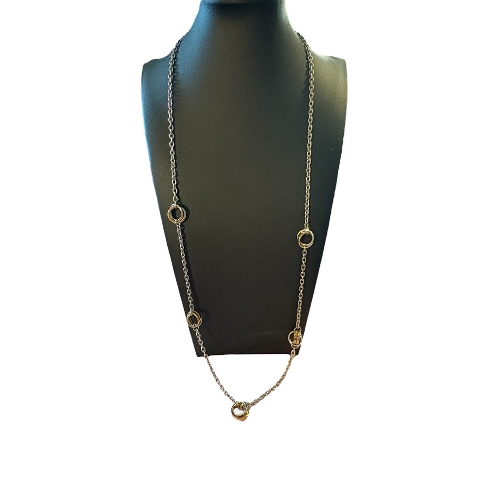 DKNY Long Necklace Steel Silver Gold Two Tone Chain Link Floating Circle Classic